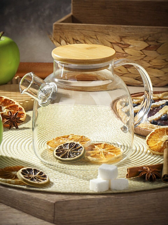 Чайник заварочный стекло, 1.5 л, с ситечком, с бамбуковой крышкой, Daniks, SXH09