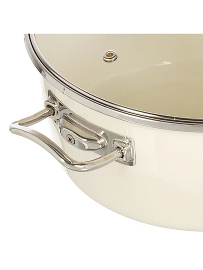 Кастрюля эмалированная сталь, 4.5 л, крышка стекло, ручки хром, RasheL, R9024, кремовая, индукция
