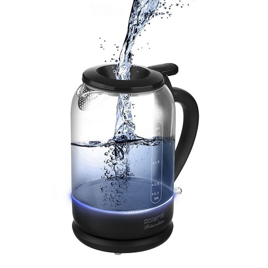 Чайник электрический Polaris, PWK 1753CGL, черный, 1.5 л, 1800 Вт, скрытый нагревательный элемент, стекло