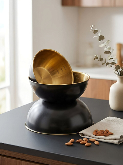 Набор мисок нержавеющая сталь, круглый, 3 шт, 19, 22, 25 см, Черное золото, Y4-11666