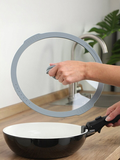 Крышка для посуды стекло, 28 см, Daniks, Серый, силиконовый обод, складной держатель, 125