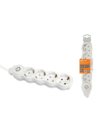 Удлинитель бытовой 4 гнезда, 7 м, ПВС, 3х1 мм², с заземлением, 16 А, выключатель, бело-серый, TDM Electric, Люкс, SQ1303-0182