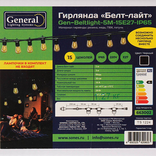 Гирлянда 5 м, 1 режим, Белт Лайт, General Lighting Systems, черная, сетевая, 3 м шнур, шаг 30 см, E27, 9.6 Вт, 663002