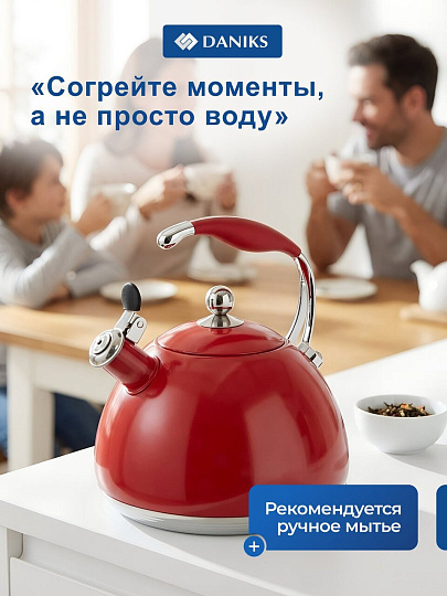 Чайник нержавеющая сталь, 3 л, со свистком, матовый, Daniks, Carezza, индукция, WT-T1054-RED