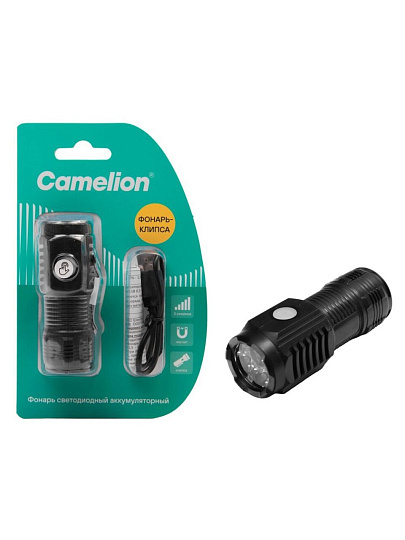Фонарь ручной, встроенный аккумулятор, Camelion, LED29358, зарядка от USB, пластик, черный, 3 LED, 3 Вт, 5 режимов, Type - C, блистер, 16021