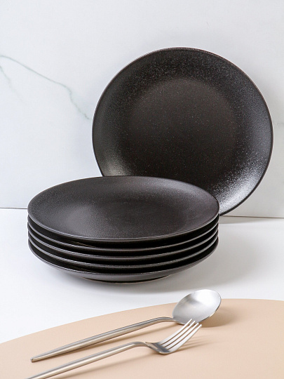 Набор тарелок керамика, 6 шт, 20 см, круглый, Крафт, Daniks, Y4-8358, черный