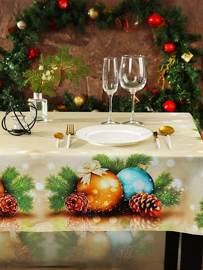 Скатерть 145х180 см, 100% хлопок, Праздничный стол Новогодние шары, AI-1504045
