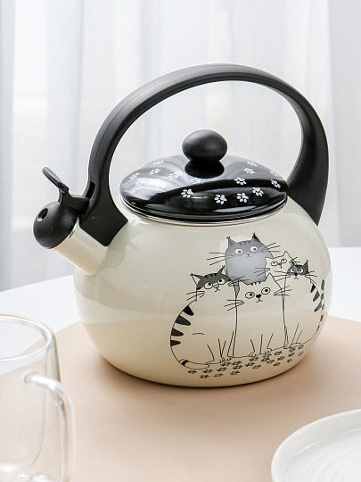 Чайник сталь, эмалированное покрытие, 2.2 л, со свистком, Daniks, Коты, индукция