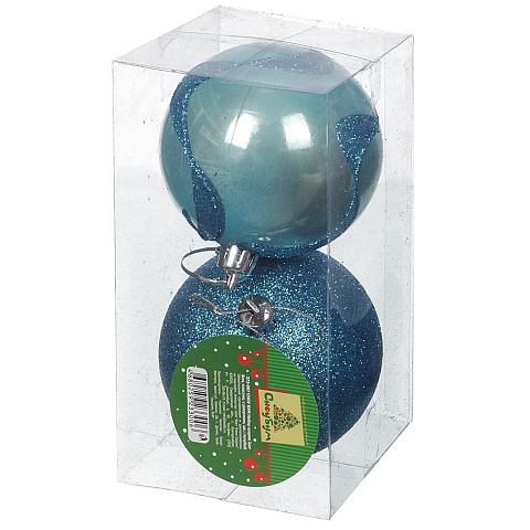 Елочный шар Сноубум, 2 шт, голубой, 8 см, пластик, с рисунком, 373087