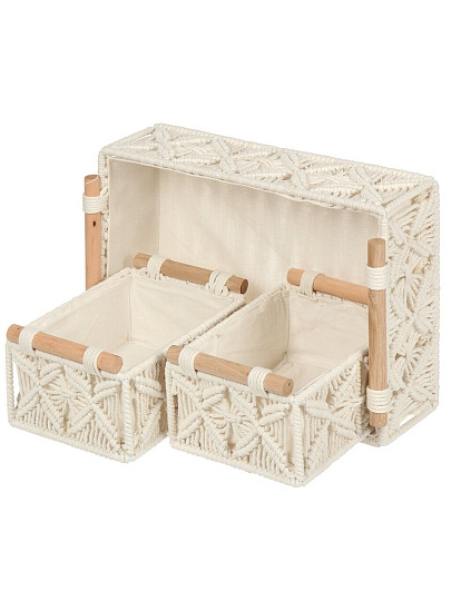 Корзина 3 шт, прямоугольная, плетеная, хлопок, металл, белая, с деревянными ручками, 34х24х10 см, 2 шт 15х20х9 см, Y4-9682