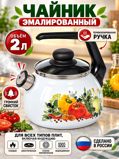 Чайник сталь, эмалированное покрытие, 2 л, со свистком, ручка консольная, СтальЭмаль, Европейская кухня, индукция, 4с210я