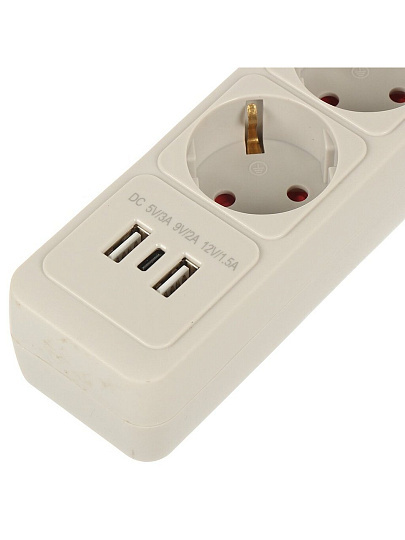 Сетевой фильтр 5 гнезд, 3 м, ПВС, 3х1 мм², с заземлением, 16 А, +2USB +TYPE C 2.0, 3.5 кВт, серый, Jett, 171-603