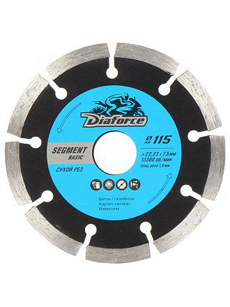 Диск отрезной алмазный по бетону, Diaforce, Segment Basic, сегментный край, 115х22.23х1.9 мм, сухой рез, 510115