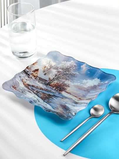 Тарелка стекло, 20 см, квадрат, рифлен, Русская Зима, Daniks