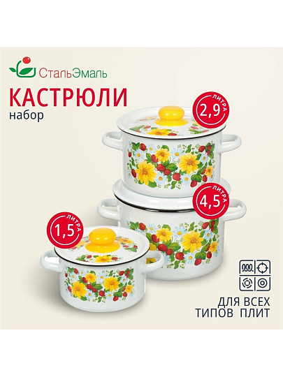 Набор посуды эмалированная сталь, 3 предмета, кастрюли 1.5,2.9,4.5 л, индукция, СтальЭмаль, Земляника, 1с144