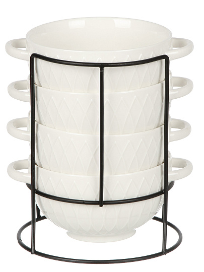 Бульонница фарфор, 4 шт, 650 мл, металлическая подставка, Золотая линия, ТМ Глория, 202480, белая