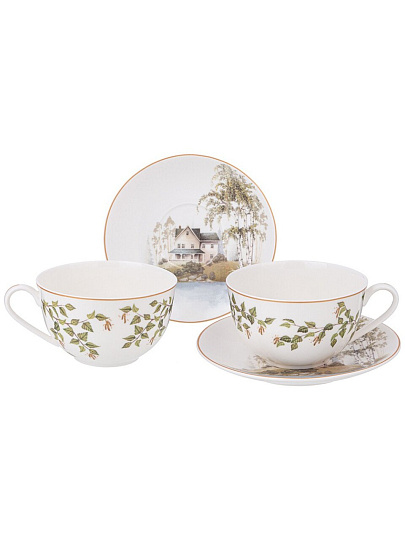 Набор чайный фарфор, 4 предмета, на 2 персоны, 300 мл, Lefard, Березки, 85-2009, подарочная упаковка, белый