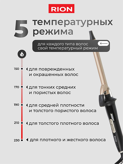 Щипцы-плойка Rion, TB-2012-19, 60 Вт, керамическое покрытие, защита от перегрева, 150-230 ℃, черный с пудровым