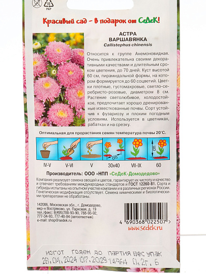 Семена Цветы, Астра, Варшавянка, 0.2 г, цветная упаковка, Седек