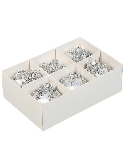 Елочный шар 6 шт, белый с серебром, 8 см, пластик, SYQB- 0124336