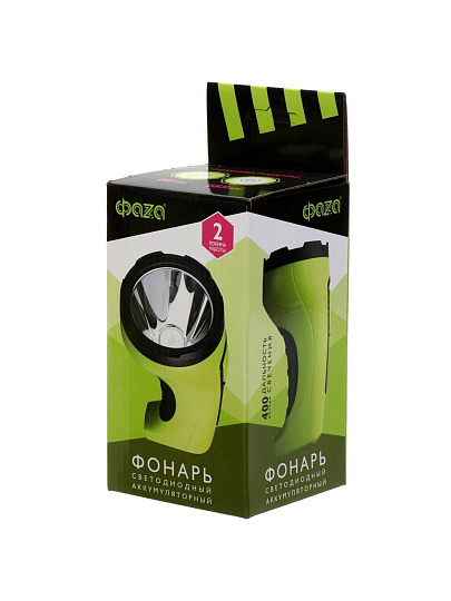 Фонарь ручной, встроенный аккумулятор, ФАZА, AccuF2-L5W-gn, зарядка от сети 220 В, пластик, зеленый, 2857156