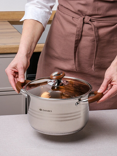 Кастрюля нержавеющая сталь, 3.8 л, крышка стекло, Daniks, Веллингтон, GS-01415-20CA, индукция