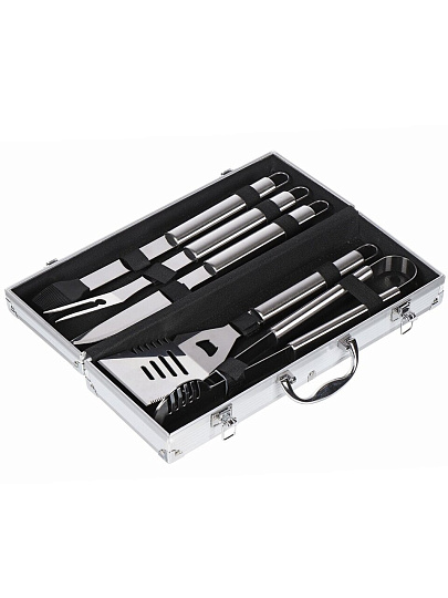 Набор для барбекю костровой, нержавеющая сталь, 5 предметов, лопатка, щипцы, вилка, нож, кисточка, кейс, C030006