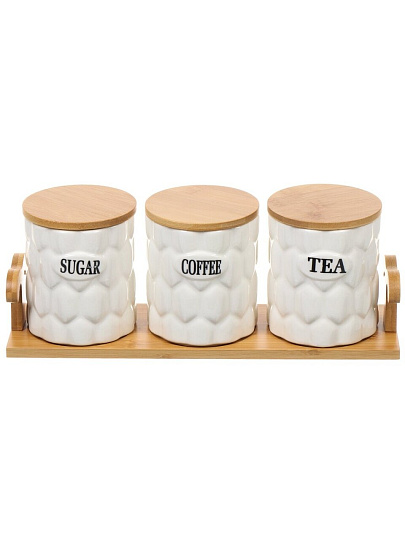 Банка для сыпучих продуктов, керамика, 10х10х11.6 см, 3 шт, с крышкой, на бамбуковой подставке, Y4-6266