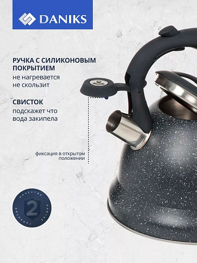 Чайник нержавеющая сталь, 3 л, со свистком, матовый, ручка с силиконовым покрытием, Daniks, черный, MSY-A059