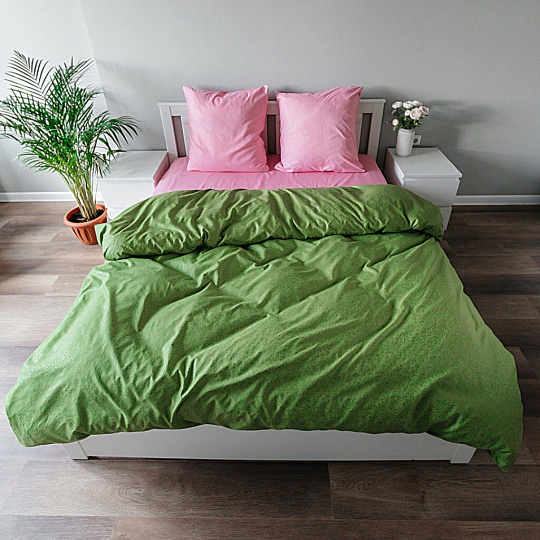 Постельное белье 1.5-спальное, простыня 150х215 см, 2 наволочки 70х70 см, пододеяльник 145х215 см, Love Story, полисатин, Жаккард однотонный зеленый