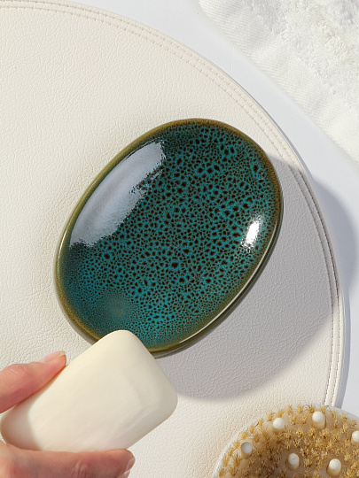 Мыльница настольная настольная, керамика, 14.5х10.5х3 см, малахит глянцевая, Y4-9876