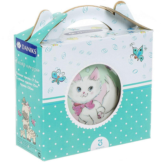 Набор посуды керамика, 3 шт, Котик, тарелка 17.5см, салатник 15см/350мл, кружка 230мл, Daniks, C655