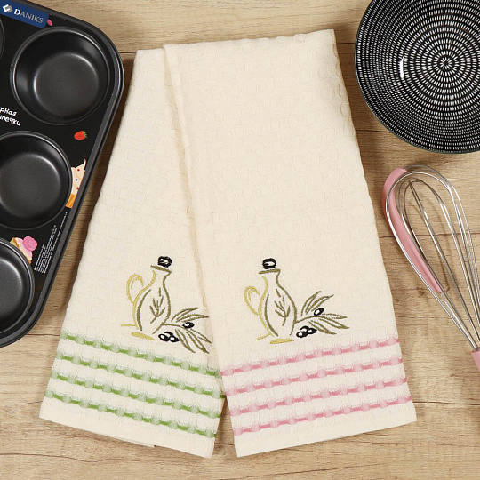 Набор полотенец кухонных 2 шт, 40х60 см, вафельный, Bella Carine, Оливковое масло, белый, Турция, FTS-P2-3