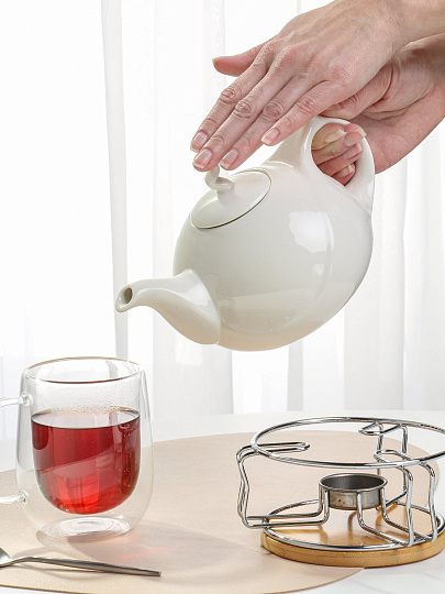 Чайник заварочный керамика, 0.85 л, с подставкой для подогрева, Белый, 306657