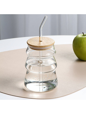 Стакан для напитков 500 мл, стекло, с трубочкой, с крышкой, прозрачный, B060315