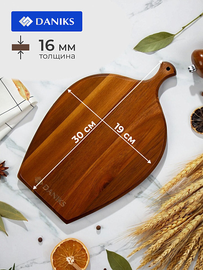 Доска разделочная акация, 30х19х1.6 см, с ручкой, прямоугольная, Daniks, CB36730A