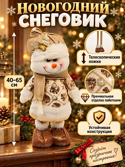 Фигурка декоративная полиэстер, Снеговик, 40-65 см, телескопическая, золото, Y4-13175