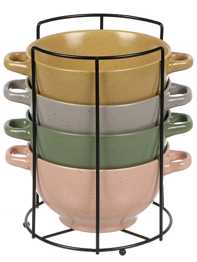 Бульонница керамика, 4 шт, 650 мл, с ручкой, металлическая подставка, Флоренция, ТМ Глория, 202436