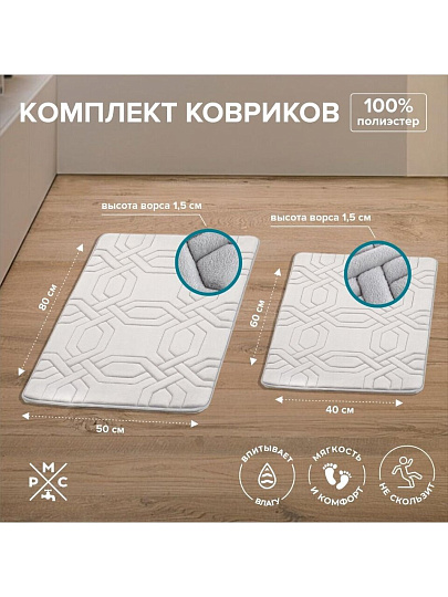 Набор ковриков для ванной и туалета, антискользящий, 2 шт, 0.4х0.6, 0.5х0.8 м, полиэстер, серый, РМС, КК-09СС-40х60/50х80