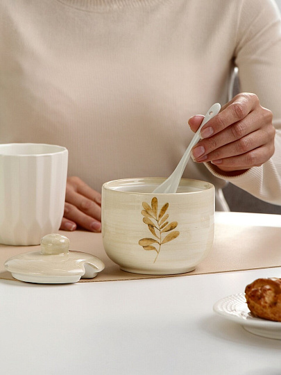 Сахарница 500 мл, доломит, 11.2х11.2х11 см, с ложкой, Daniks, Pollen