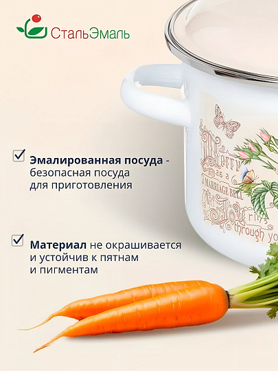 Кастрюля эмалированная сталь, 3 л, крышка сталь, цилиндрическая, СтальЭмаль, Мэри белоснежная, 6RD181M, индукция
