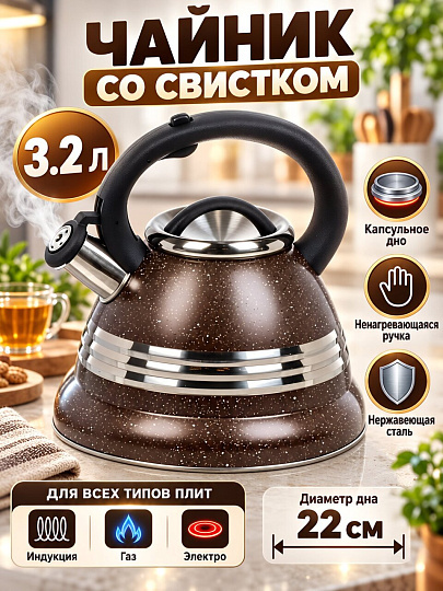 Чайник нержавеющая сталь, 3.2 л, со свистком, зеркальный, RasheL, индукция, коричневый, М-7905