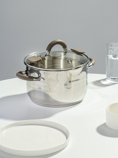 Кастрюля нержавеющая сталь, 2.1 л, крышка стекло, Daniks, Нара, GS-01413HY-16CA-2, серебристая, индукция