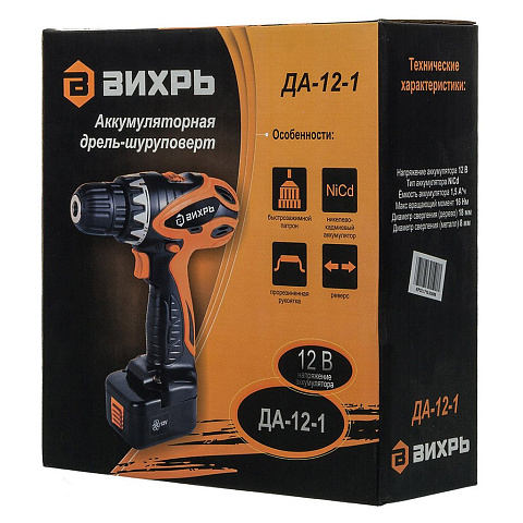 Дрель-шуруповерт аккумуляторный, Вихрь, ДА-12-1, 12 В, дер/мет, 18/8мм, 0-550об/мин, 1скор, NiCd, 1,5Ач
