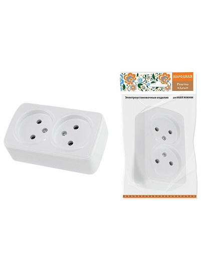 Розетка открытой установки, 2 гнезда, без заземления, 10 А, IP20, белая, 2П, TDM Electric, Дача, SQ1824-0009