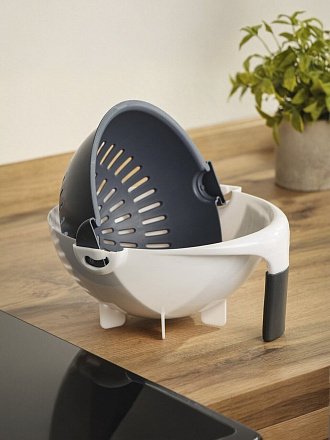 Дуршлаг пластик, 23.5х10 см, с миской, с ручкой, бело-серый, Y4-9117