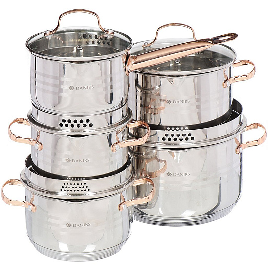 Набор посуды нержавеющая сталь, 10 предметов, кастрюли 1.9,2.9,3.9,6.5 л, ковш 1.9 л, индукция, Daniks, Токио, SD-A87-10