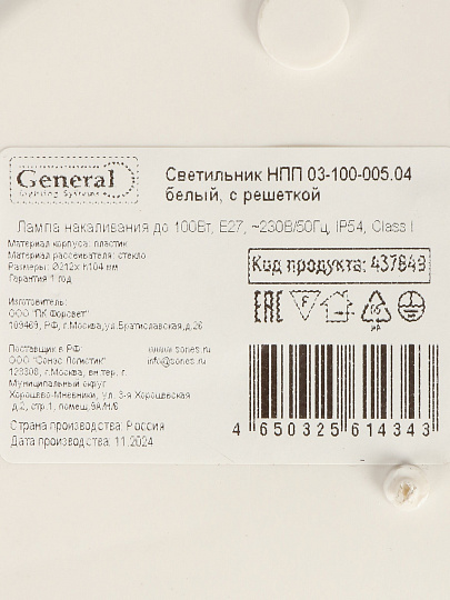 Светильник General Lighting Systems, НПП 03-100-005.04, 100 Вт, E27, на 1 лампочку, IP54, 21.2х21.2х10.4 см, с решеткой, белый, 437849