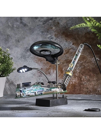 Держатель с подставкой, с лупой х2.5, LED подсветка, Rexant, Третья рука, 12-0250