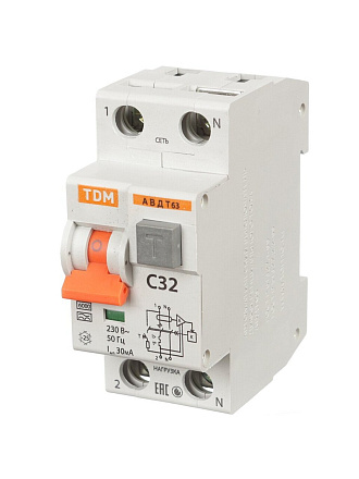 Дифференциальный автоматический выключатель TDM Electric, АВДТ 63, 32, С, 30 мА, SQ0202-0005